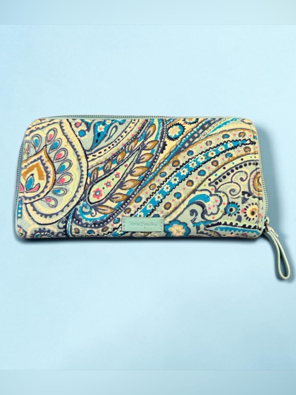 Vera Bradley Turquoise Paisley Zip Wallet with Yellow and Navy Accents
